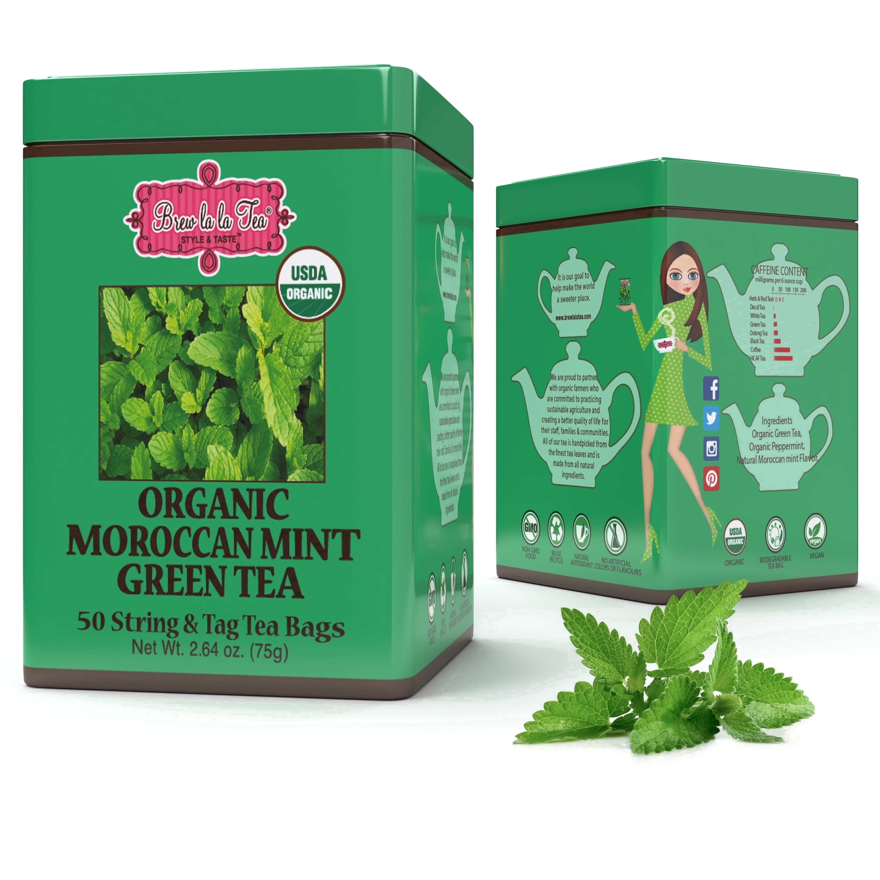 Brew La La Organic Green Tea, Moroccan Mint, 50 Double Bags