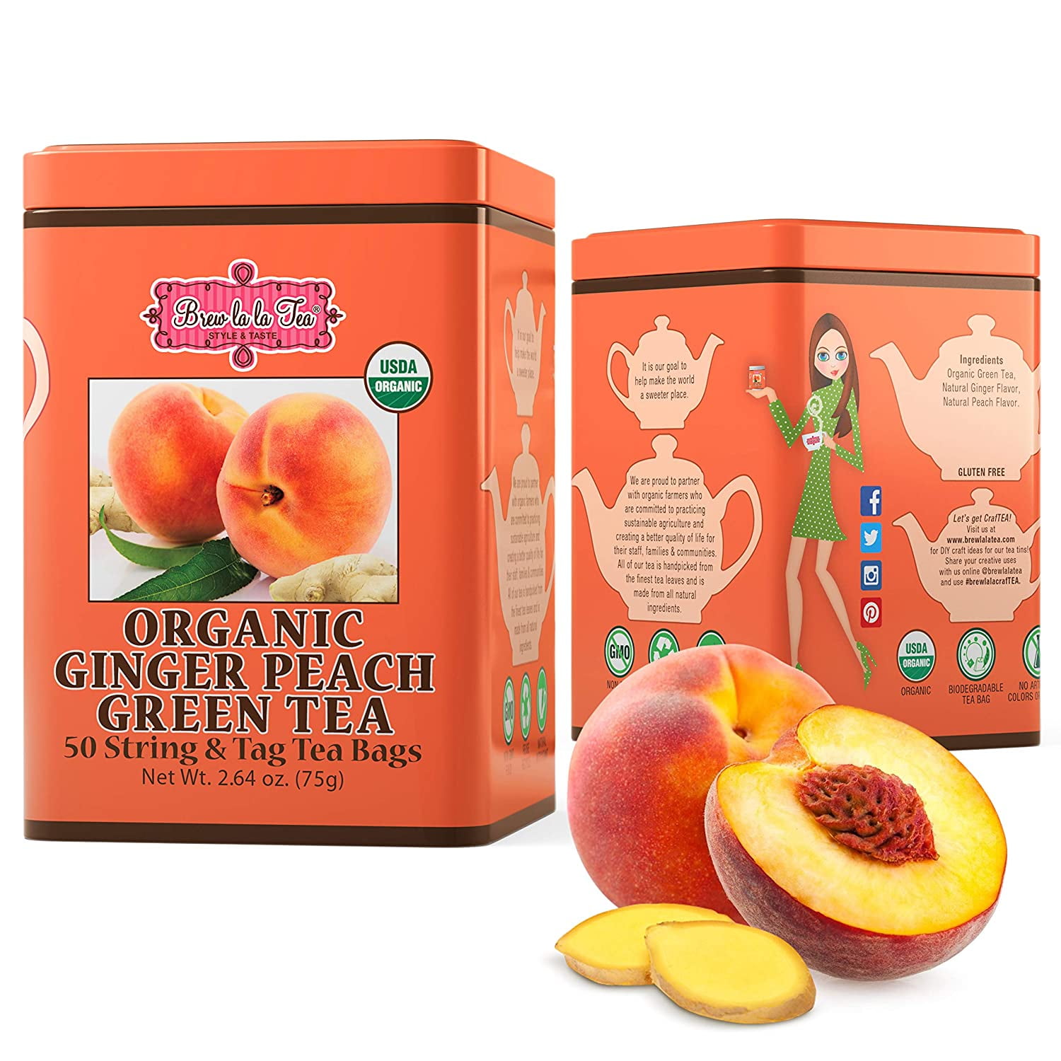 (1 Pack) Brew La La Organic Green Tea Natural Ginger Peach Flavor