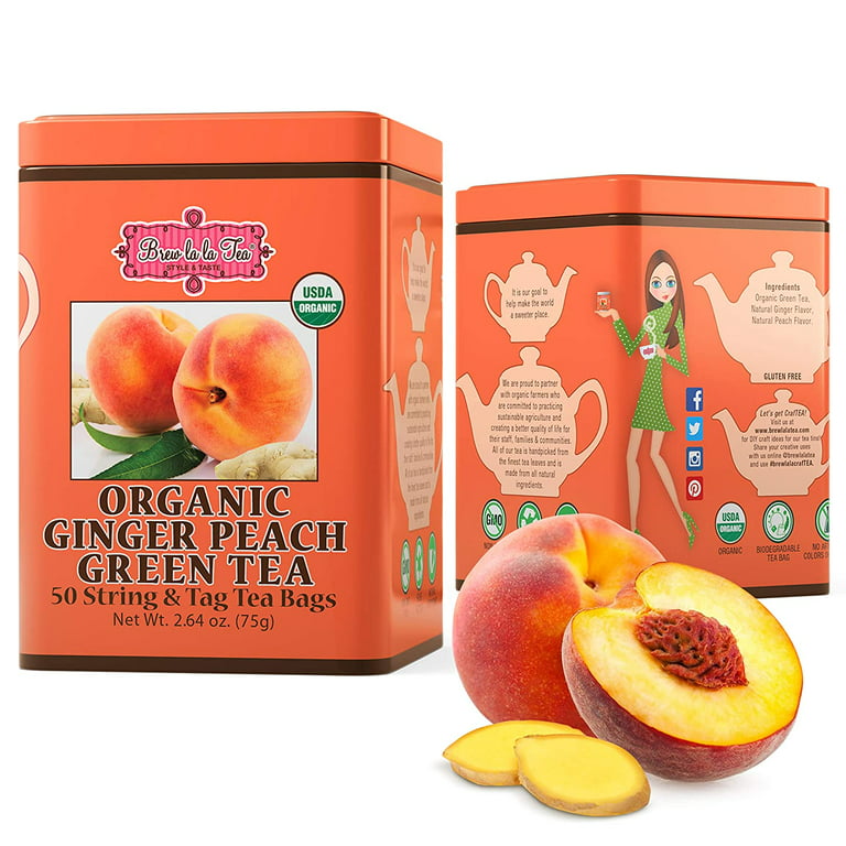 (1 Pack) Brew La La Organic Green Tea - Natural Ginger Peach Flavor - 50  Tea Bag Tin - Low Caffeine Gourmet Tea