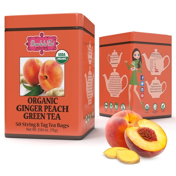 Brew La La Organic Green Tea - Ginger Peach Flavor - 50 Tea Bag Tin - Low Caffeine - USDA Certified Organic