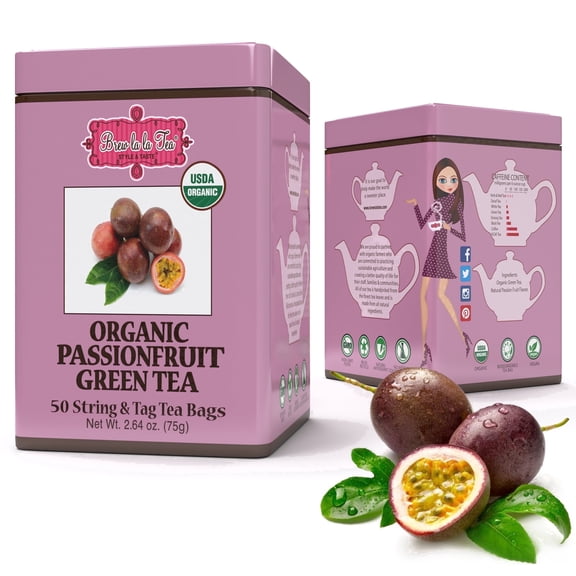 Brew La La Organic Green Tea - Passionfruit Flavor - 50 Tea Bag Tin - Low Caffeine - USDA Certified Organic