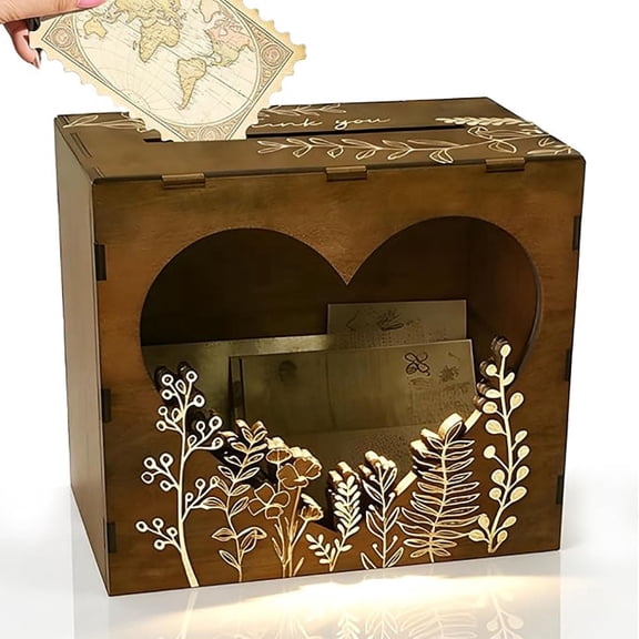 1 Pack Brown Wedding Card Box for Reception with Heart Acrylic Window, Wooden Gift Card Box for Wedding with Flower Pattern, Vintage Card Box for Graduation Birthday Party Anniversary Baby Shower