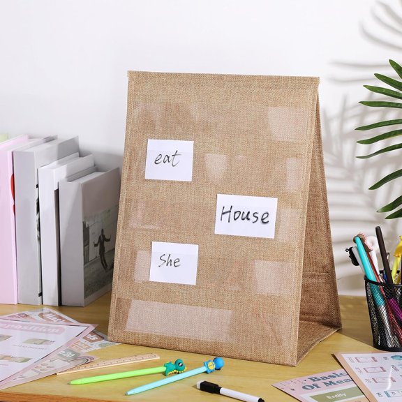 1 Pack Burlap Pocket Chart for Classroom, 17 x 13 Inches Farmhouse Desktop Pocket Chart Double Sided Tabletop Stand Decor for Teacher Homeschoolers Aids in Teaching$$Office