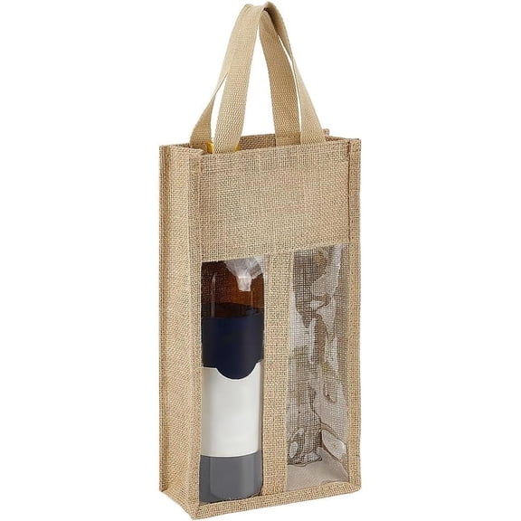1 Pack Burlap Wine Bags 13.39x7.09x3.15 Inch Rectangle Jute Wine Storage Handbag with PVC Clear Window Wine Glass Storage Gift Bags for Wedding Party Favors Christmas Holiday Tan
