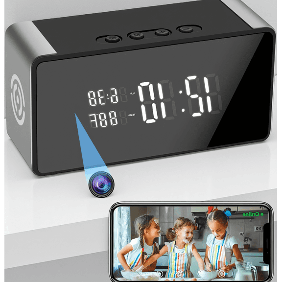 1 Pack Camera Alarm Clock, 4K HD Indoor Security Camera with Night Vision, Motion Detection, SD Card Support