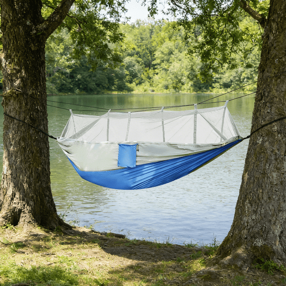 1 Pack Camping Hammock with Mosquito Net Double 2 Person 600lb Capacity 102x55in Portable Parachute Nylon Outdoor Hiking Backyard Tree Straps Carabiners Carry Bag Gray Blue Bed Swing Travel Gear