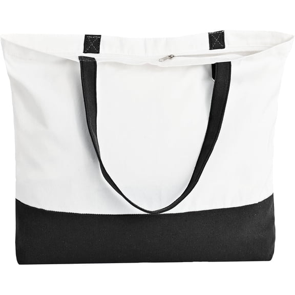 1 Pack Canvas Tote Bag with Zipper, Blank Grocery Bags, Widened Washable Bag with Inner Pocket, Shopping Travel Large Tote Bags for DIY Heat Transfer, Christmas Craft (Black/White)