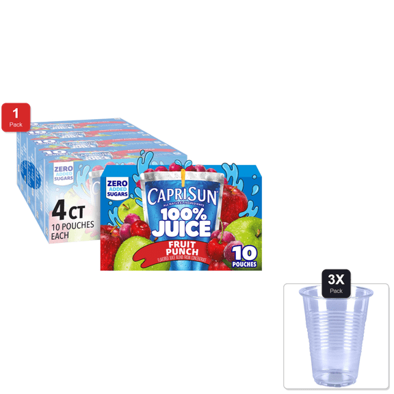 1 Pack | Capri Sun 100% Juice Fruit Punch Naturally Flavored Juice Blend, 40 Ct Pack, 4 Boxes Of 10 Pouches & 3x Disposable Cup