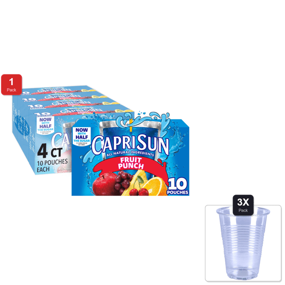 1 Pack | Capri Sun Fruit Punch Naturally Flavored Juice Drink Blend, 40 Ct Pack, 4 Boxes Of 10 Pouches & 3x Disposable Cup