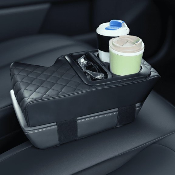 1 Pack Car Center Console Armrest Cushion with Cup Holder and Phone Storage, Foam Padding, Faux Leather, Black