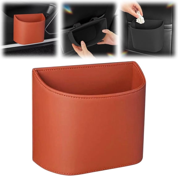 1 Pack Car Trash Can with Lid, Faux Leather Garbage Bin, Backseat and Door Mounted Waste Basket for Automotive Organization, 18.5x14.5x11 cm (Orange)