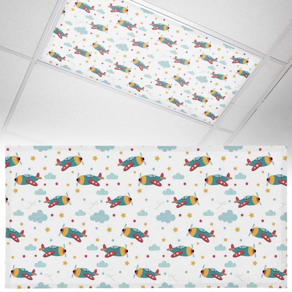 1 Pack Cartoon Aircraft Fluorescent Light Covers for Ceiling Lights Blue Cloud Yellow Star Abstract Vintage Magnetic Ceiling Light Covers Overhead Light Filters for Office Classroom Home