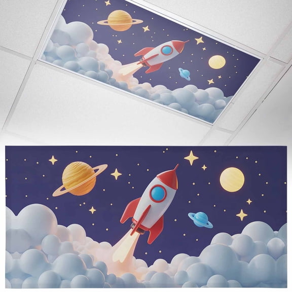 1 Pack Cartoon Rocket Fluorescent Light Covers for Ceiling Lights Cloud Space Stars Cute Planet Classic Magnetic Ceiling Light Covers Overhead Light Filters for Office Classroom Home