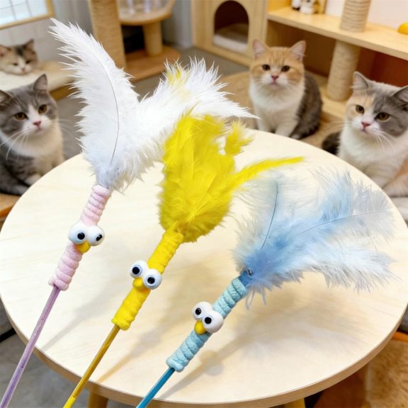1 Pack Cat Wand Toy With Big Eye Design, Soft Feather & Jingly Bell, Durable Bite-Resistant Interactive Teaser Stick, Yellow Color, Self-Entertaining Stress Relief Toy For Indoor