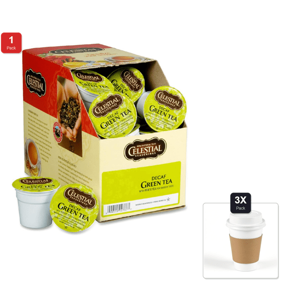 1 Pack | Celestial Seasonings Decaf Green Tea, K-Cup Portion Pack For Keurig K-Cup Brewers, 24-Count & 3x 12oz Disposable Coffee Cup with Lid & Sleeve