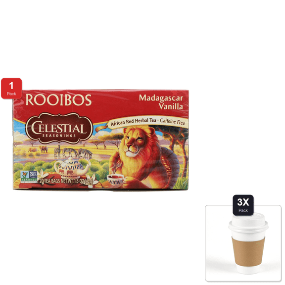 1 Pack | Celestial Seasonings Tea Red Rooibos Madagascar Vanilla (Pack Of 3) & 3x 12oz Disposable Coffee Cup with Lid & Sleeve