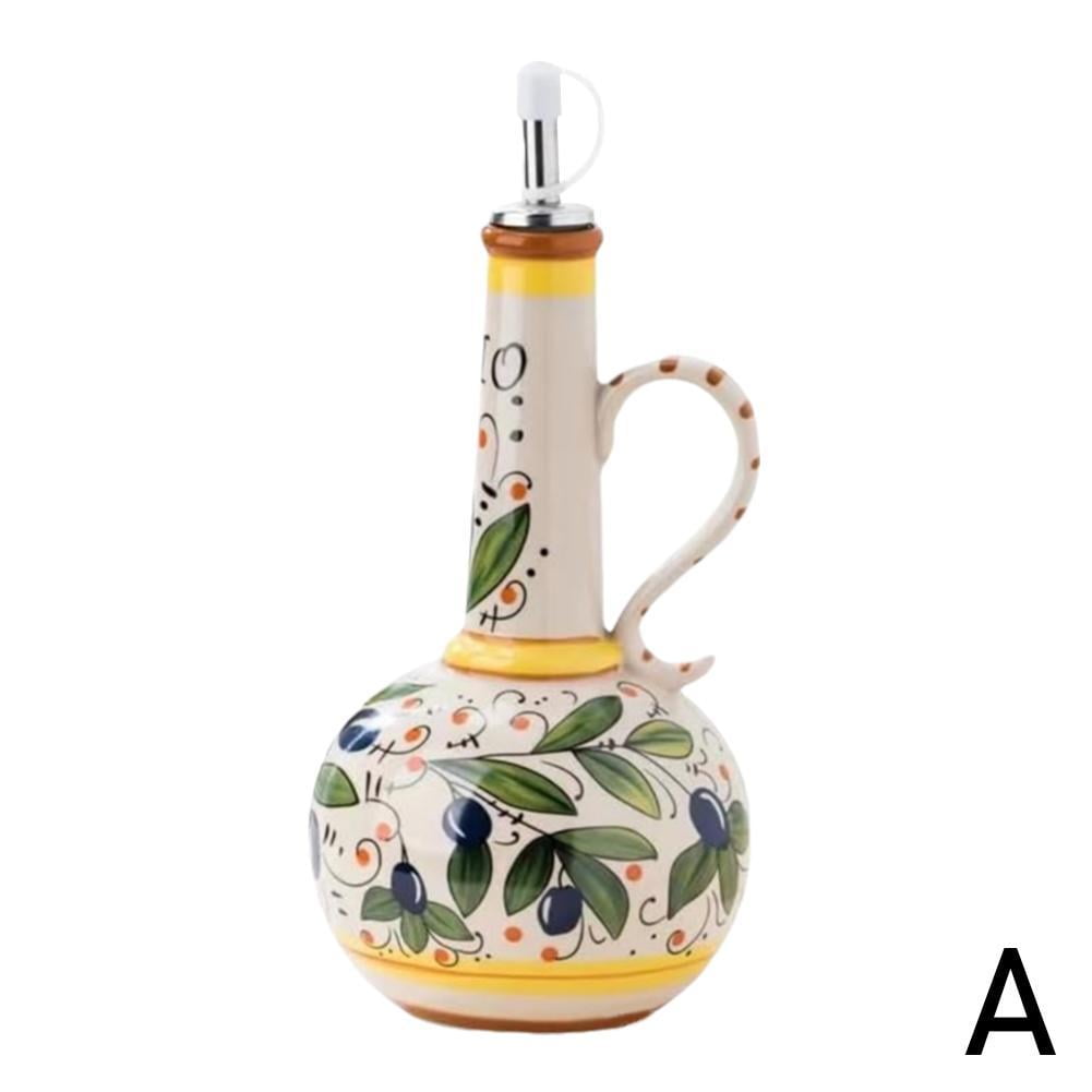 1-Pack Ceramic Olive Oil Dispenser Bottle, 23oz/680ml Hand Painted Italian Ceramic Bottle, Decorative Stoneware Dispenser with Spout for Oil, Vinegar, Coffee Syrup
