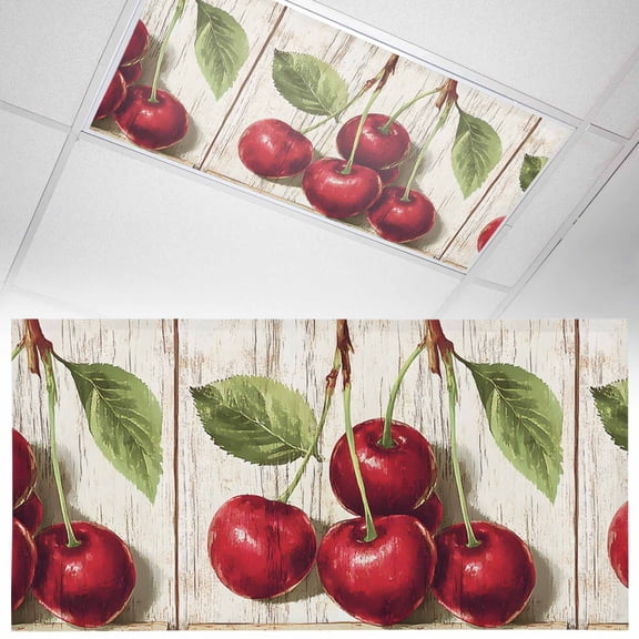 1 Pack Cherry Fluorescent Light Covers for Ceiling Lights Fruit Watercolor Vintage Wood Texture Magnetic Ceiling Light Covers Overhead Light Filters for Office Classroom Home