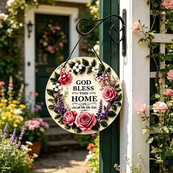 1 Pack Christian Front Door Sign, May God Bless This Home Round Metal Plaque, Rose Wreath Wall Decor for Porch Entryway, Farmhouse Housewarming Gift