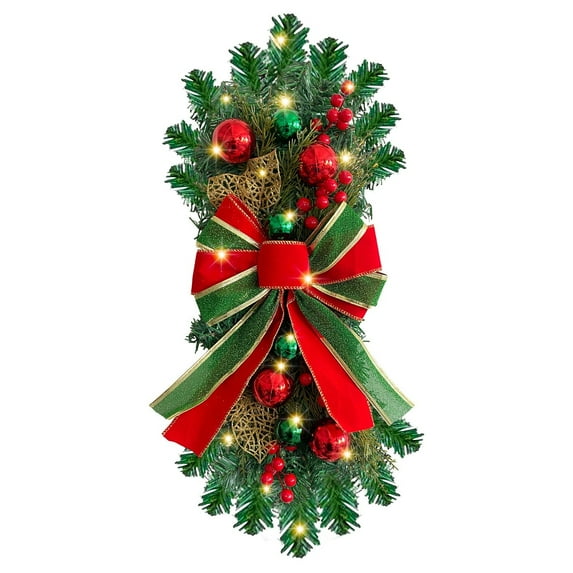 1 Pack Christmas Artificial Swags,17.7" Xmas The Cordless Prelit Stairway Swag,Teardrop Trim Wreath Door Stair Garland Christmas Wreath,for Outdoor Home Garden Decor (Red Green Ribbon)(Green)