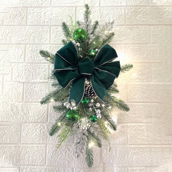 1 Pack Christmas Artificial Swags, 24" Xmas Door Stair Swags, Teardrop Swag Cordless Prelit Christmas Stairway Decorations with LED Lights for Indoor Outdoor Decor (Green, Classic Style)