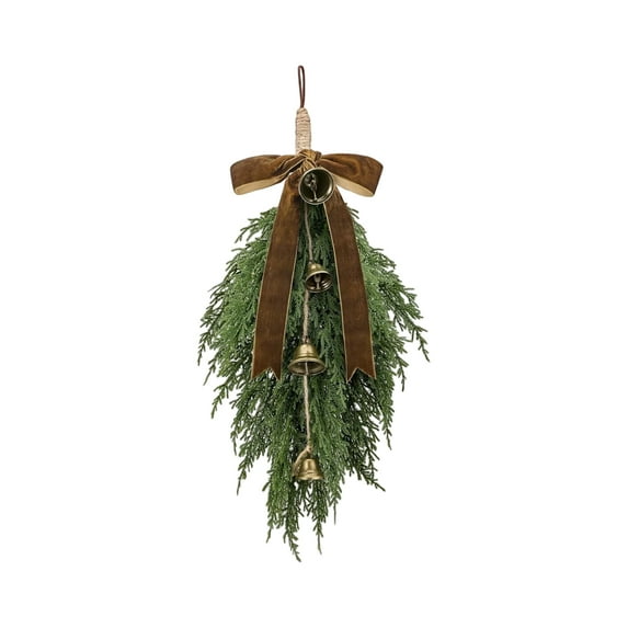 1 Pack Christmas Greenery Teardrop Swags - 20" Artificial Cedar Swag Wreath with Velvet Ribbon Bow and Rustic Vintage Bells for Tree Front Door Farmhouse Home Wall Mantle Decor