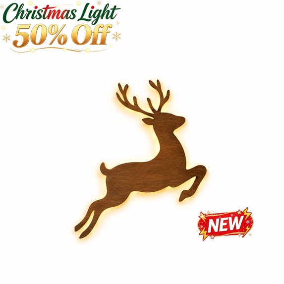 1 Pack Christmas Wall Lamp, 5.9inch Wood Reindeer Backlit Hanging Light with Warm LED for Bedroom Living Room Hallway Mantel Indoor Holiday Home Xmas Decoration Gift