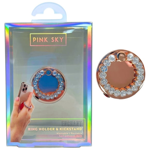 1 Pack Circular Rhinestone Phone Ring Holder with Reusable Adhesive Grip and Adjustable Kickstand for Hands-Free Viewing, Texting and Selfies, Rose Gold