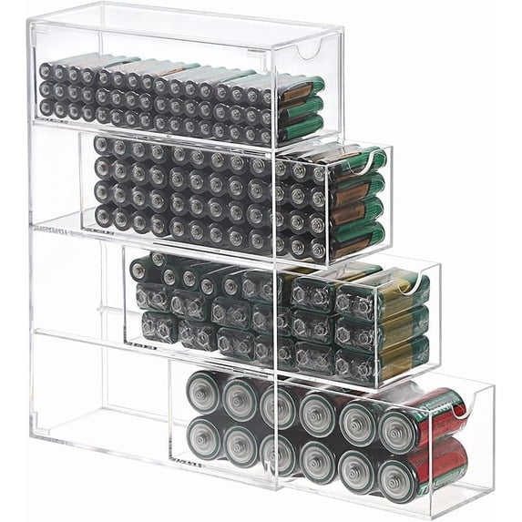 1 Pack Clear Acrylic Battery Storage Organizer for AA, AAA, 9V, C Batteries, 4-Drawer Storage Box Battery Holder Organizer for Common Types Batteries, Household Container(Batteries Not Included)