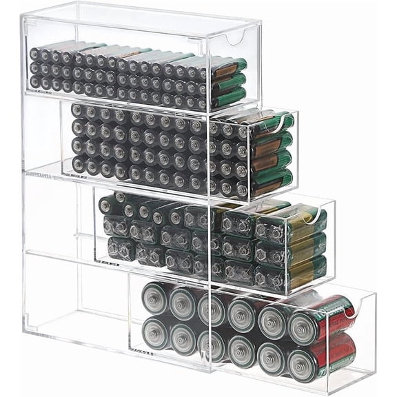 1 Pack Clear Acrylic Battery Storage Organizer for AA, AAA, 9V, C Batteries, 4-Drawer Storage Box Battery Holder Organizer for Common Types Batteries, Household Container(Batteries Not Included)
