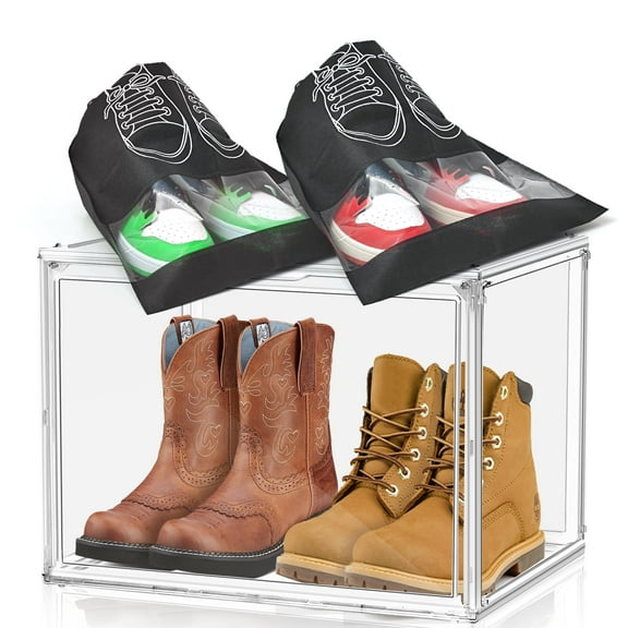 1 Pack Clear Acrylic Shoes Storage Box Stackable Display Case XXX-Large Boots Sneaker Box Shoes Rack with 2 Dustproof Shoes Bags Plastic Showcase for Shoes Handbag Helmet Figures Collectibles