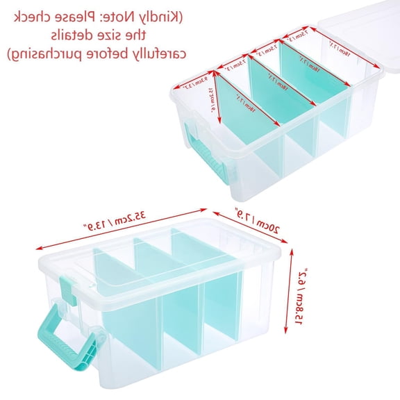 1 Pack Clear Plastic Storage Box with 4 Deep Compartments, Divided and Organizer with Handle, 13.9x7.9x6.2 Inches