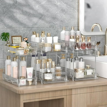 1 Pack Clear Under Sink Organizers, TEIPUERY 2-Tier Sliding Drawer Under the Counter Bathroom Storage with Divider Stackable