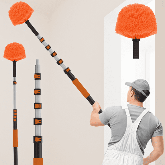 1-Pack Cobweb Duster with 5-24FT Telescoping Extension Pole, Reaches 30FT, Long Handle Web Brush for Indoor Outdoor