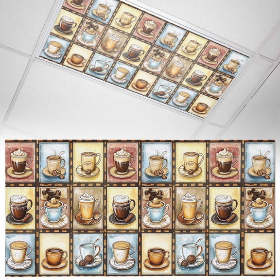 1 Pack Coffee Theme Fluorescent Light Covers for Ceiling Lights Retro Colorful Coffee Cups Beans Plaid Magnetic Ceiling Light Covers Overhead Light Filters for Office Classroom Home