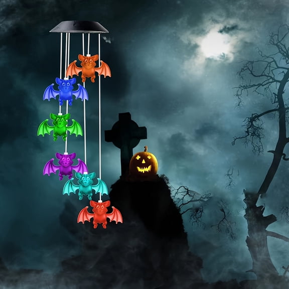 1 Pack Color Changing Solar Bat Wind Chime Lights, Waterproof Hanging Halloween Decor Lamps for Garden Terrace Courtyard Porch Outdoor Decorations