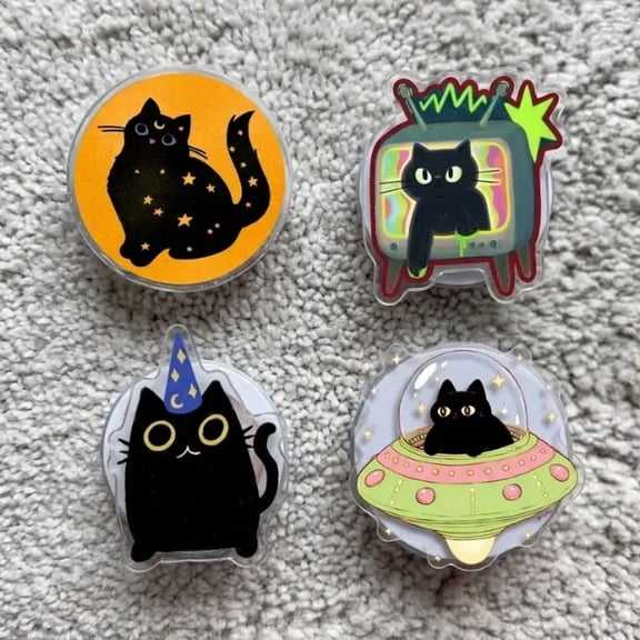 1 Pack Compatible Acrylic Black Cat Magnetic Phone Grip, Aesthetic Mystical Moon Star Celestial Cat Phone Grip, Retro TV Glitch Spooky Kitten Phone Stand, Kawaii UFO Alien Cat Holder