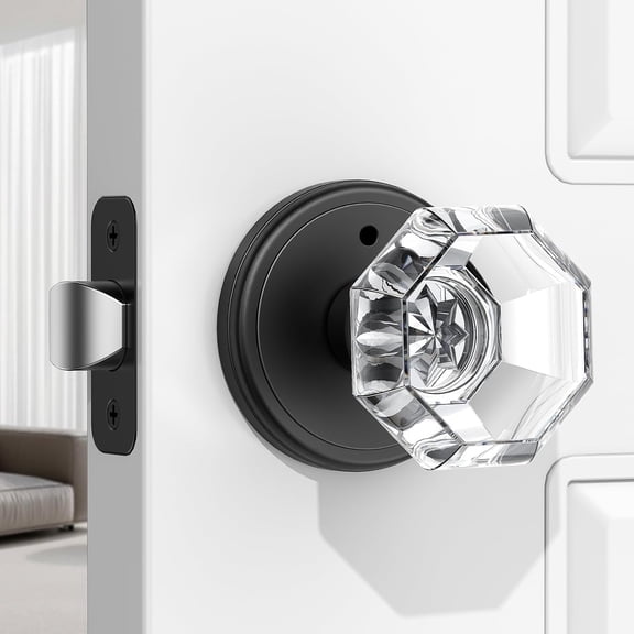1 Pack Crystal Door Knob, Octagon Shaped Glass Door Knobs Interior with Lock, Matte Black Door Knobs Interior Glass