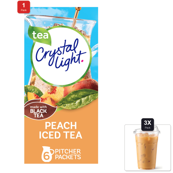 1 Pack | Crystal Light Sugar-Free Peach Iced Tea Low Calories Powdered Drink Mix 6 Count Pitcher Packets & 3x 16oz Plastic Cup with Strawless Sip-Lid