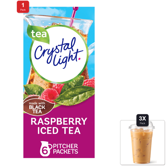 1 Pack | Crystal Light Sugar-Free Raspberry Iced Tea Naturally Flavored Powdered Drink Mix 6 Count Pitcher Packets & 3x 16oz Plastic Cup with Strawless Sip-Lid