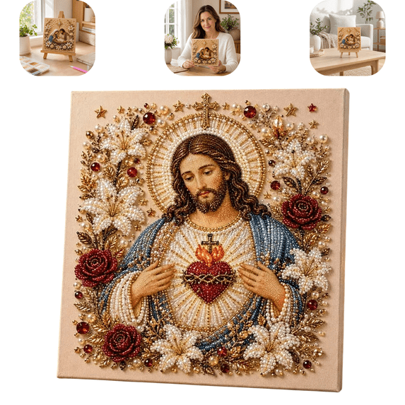 1 Pack DIY Jesus Pearl Craft Kit, Sacred Heart of Jesus & Holy Family Pearl Painting, Beginner Friendly Mosaic Pearl Art, Christian Home Decoration & Housewarming Gift, 7.87in x 7.87in Pink