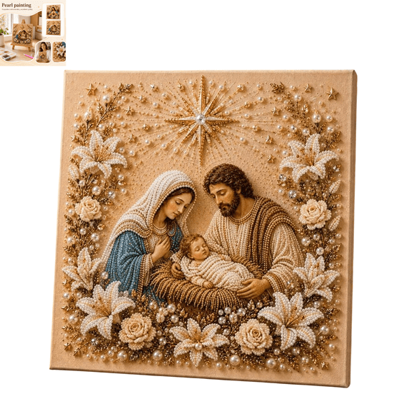1 Pack DIY Jesus Pearl Craft Kit, Sacred Heart of Jesus & Holy Family Pearl Painting, Glossy Bead Art Kit for Adult Believers, Living Room Chapel Wall Ornament, 7.87in x 7.87in Yellow