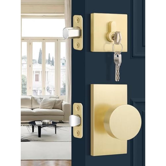 1 Pack Deadbolt Lock and Door Knob Set, Satin Brass Door Handles Interior, Entry Door Handle with Single Deadbolt, Keyed Door Lever, Reversible for Left Right Sided Doors, Unique Rectangular Base