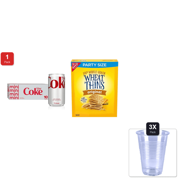 1 Pack | Diet Coke Mini Soda Soft Drinks 7.5 Fl Oz 10 Pack And Wheat Thins Whole Grain Wheat Crackers Party Size, Snack Variety Pack & 3x 9oz Disposable Plastic Cups