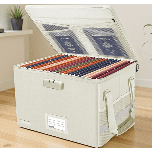 1-Pack Document Box with Combination Lock, Collapsible File Storage Organizer for Letter/Legal Folders, Beige, 15.5 x 12.2 x 10 In