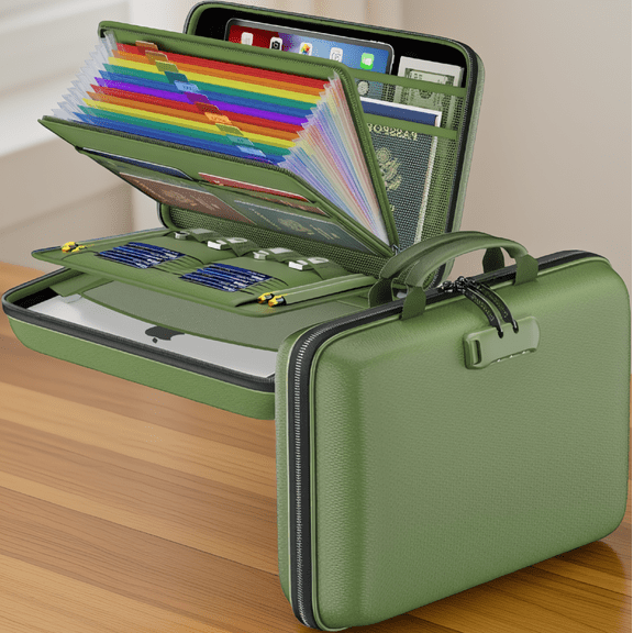 1 Pack Document Box with Lock, Hard-Shell Accordion File Organizer, 13-Pocket Storage Case for Home Office Travel, Green