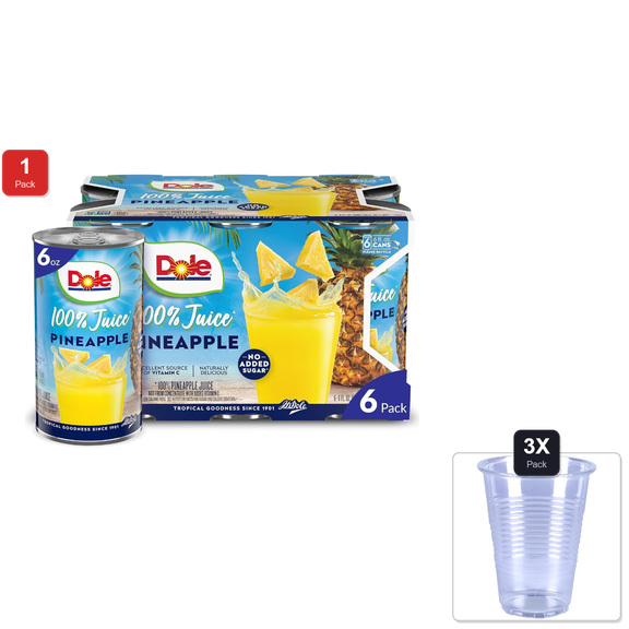 1 Pack | Dole 100% Pineapple Juice, No Added Sugar, Excellent Source Of Vitamin C, 100% Fruit Juice, 6 Fl Oz (Pack Of 6), Packaging May Vary & 3x Disposable Cup