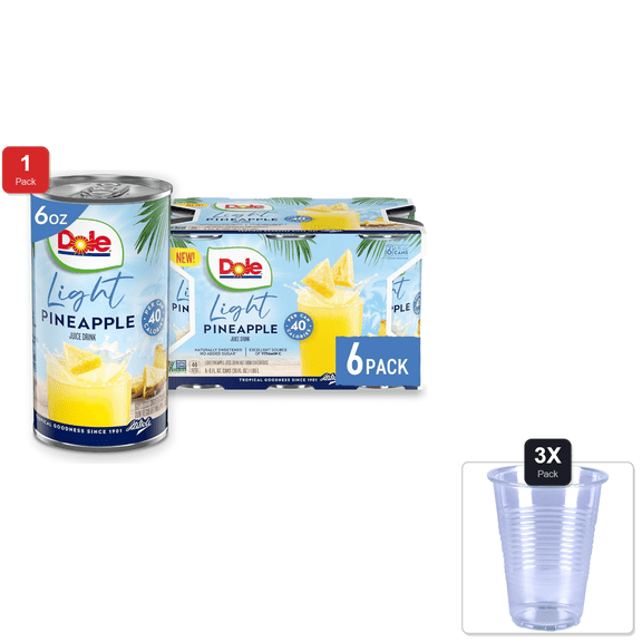 1 Pack | Dole Light Pineapple Juice Drink, No Added Sugar, 40 Calories Per Can, Excellent Source Of Vitamin C, 100% Fruit Juice, 6 Fl Oz (Pack Of 6) & 3x Disposable Cup