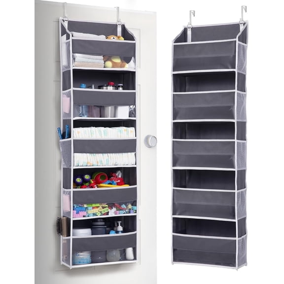 1 Pack Over Door Organizer with 5 Large Pockets 10 Mesh Side Pockets, 44 lbs Weight Capacity Hanging Storage Organizer with Clear Window Kids Toys, Shoes, Diapers, Dark Grey, 5 Layers