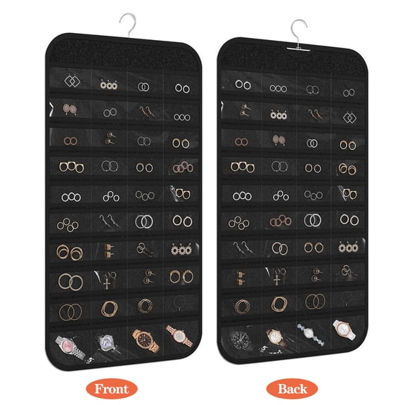 1 Pack Double Sided Hanging Jewelry Organizer, HOMEIORA 80 Pockets Earring Holder Organizer with Pockets for Woman, for Hanging Earrings, Necklaces, Bracelets, Rings, Storage, Closet, Black